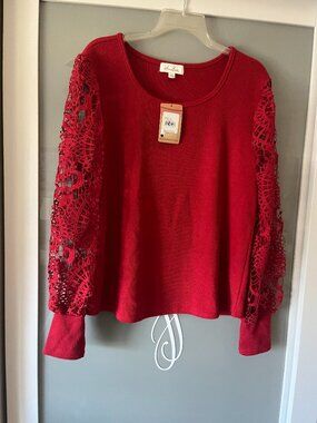 ANNELIESE LIGHTWEIGHT RIBBED SWEATER W/CROCHETED SLEEVES RED SZ XL #37